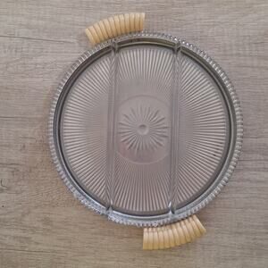 Vintage Glass relish serving dish divided appetizer in metal carrying tray 8.5"